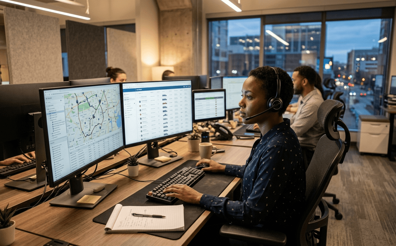 A Dexent dispatcher working at a desk with load boards and maps on screen
